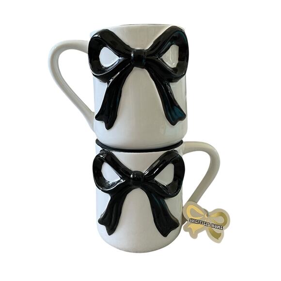 Sheffield Home Hand Painted Large Black Bow Embossed Mug Set of 2 White New - Picture 11 of 15